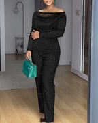 2-Piece Sparkly Ensemble: Lace Cowl Neck Top & Wide-Leg Pants