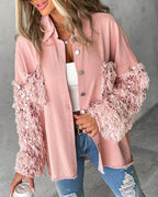 Collared Denim Coat with Sequins, Fuzzy Trim, and Pockets