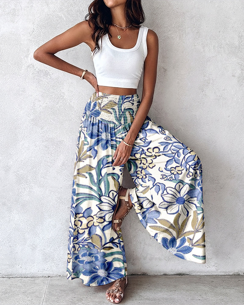 Vintage Floral High-Waist Shirred Wide-Leg Pants