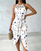Criss Cross Spliced Ruched Front Watercolor Floral Halter Dress