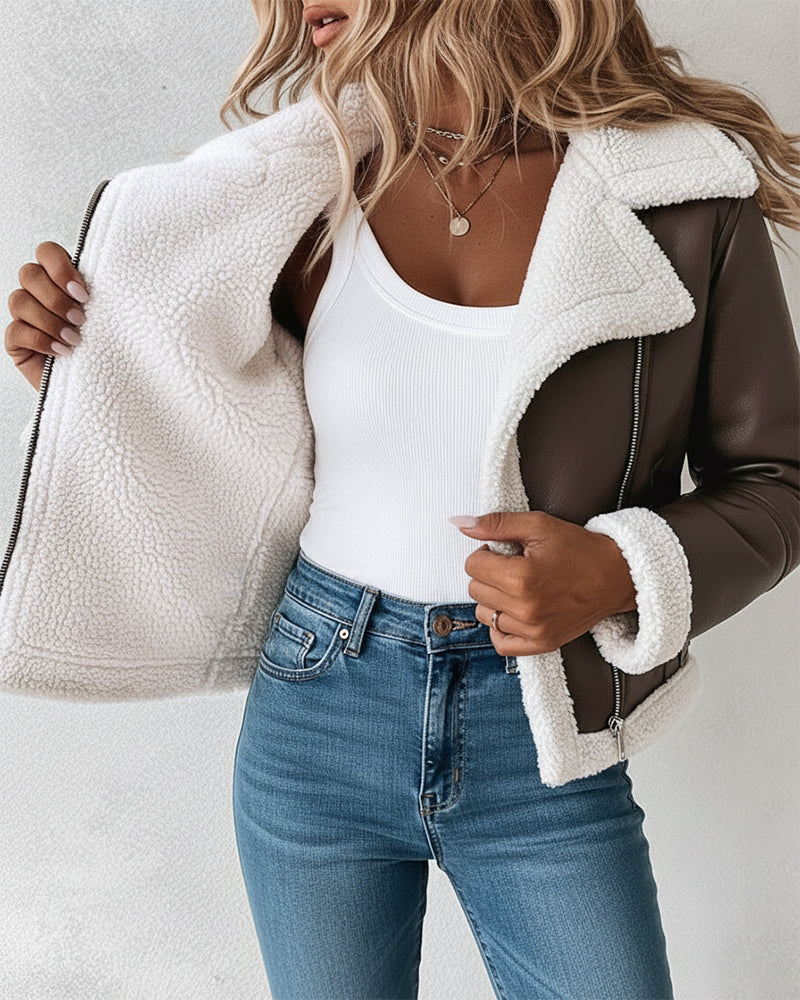 Faux Leather Shearling-Trimmed Zip-Up Thermal Biker Jacket