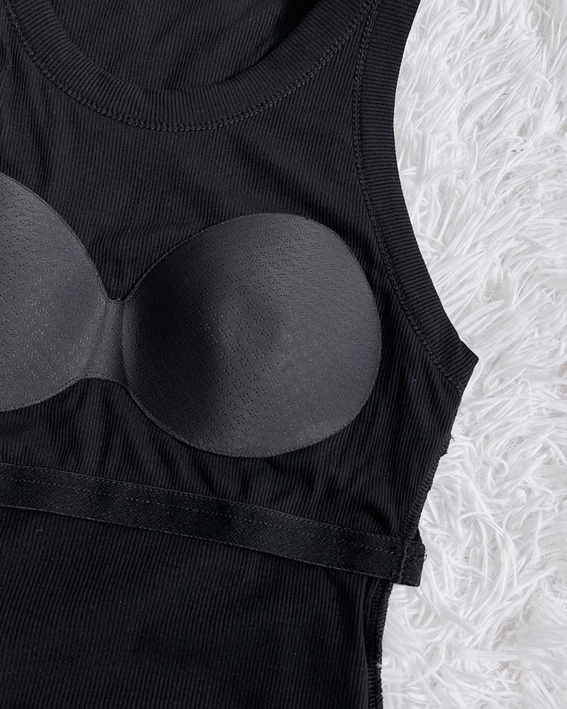 Round Neck Ribbed Tank Top with Integrated Bra