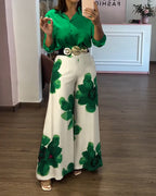 Satin Blouse and Floral Wide-Leg Pants Two-Piece Set