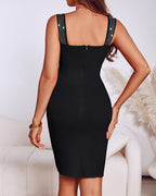 V-Neck Rhinestone Sleeveless Bodycon Midi Dress for Special Occasions