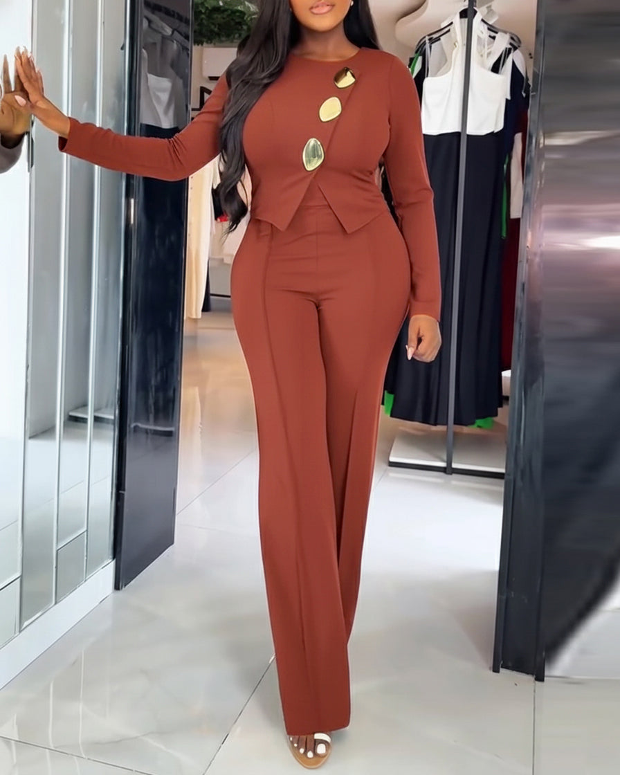 Golden Button Front Overalls with Zip-Back Two-Piece Jumpsuit