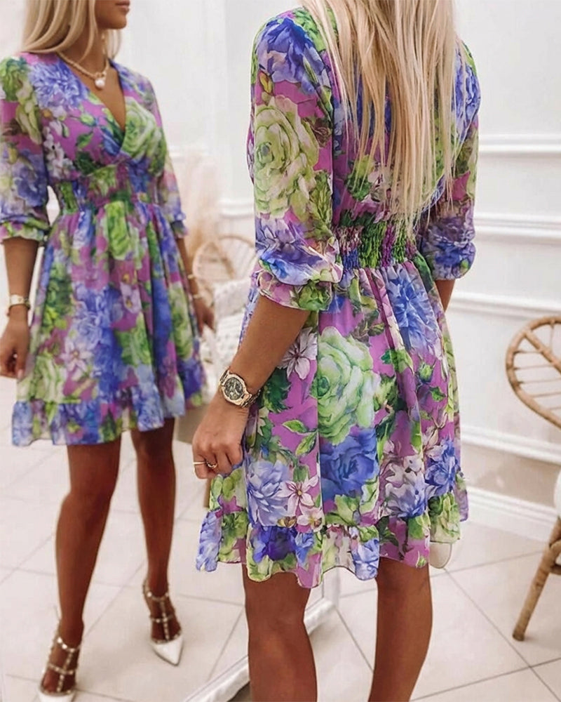Chiffon Floral V-Neck Dress with Ruffled Hem and Shirred Waist