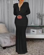 Padded Shoulder Cowl Neck Ruched Backless Maxi Dress