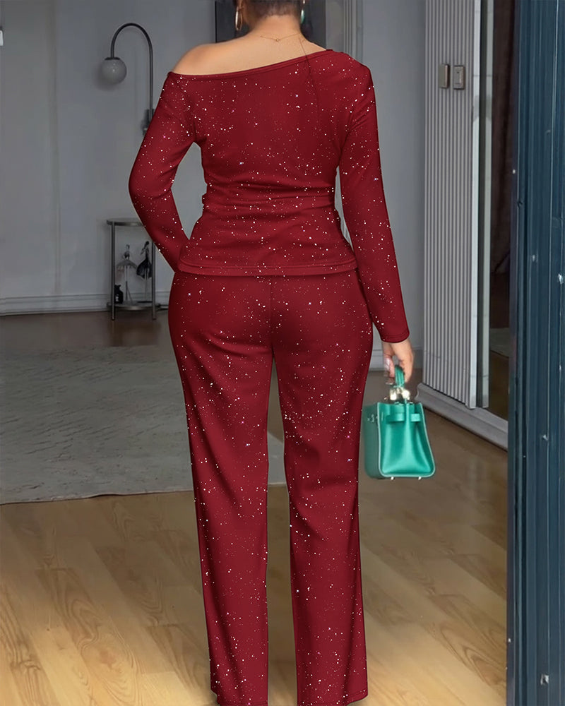 2-Piece Sparkly Ensemble: Lace Cowl Neck Top & Wide-Leg Pants