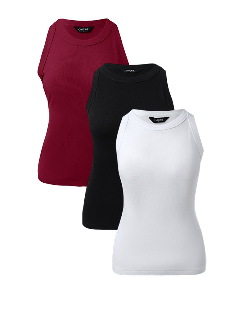 3-Pack Knit Racerback Tank Tops, Round Neck, Thick Straps