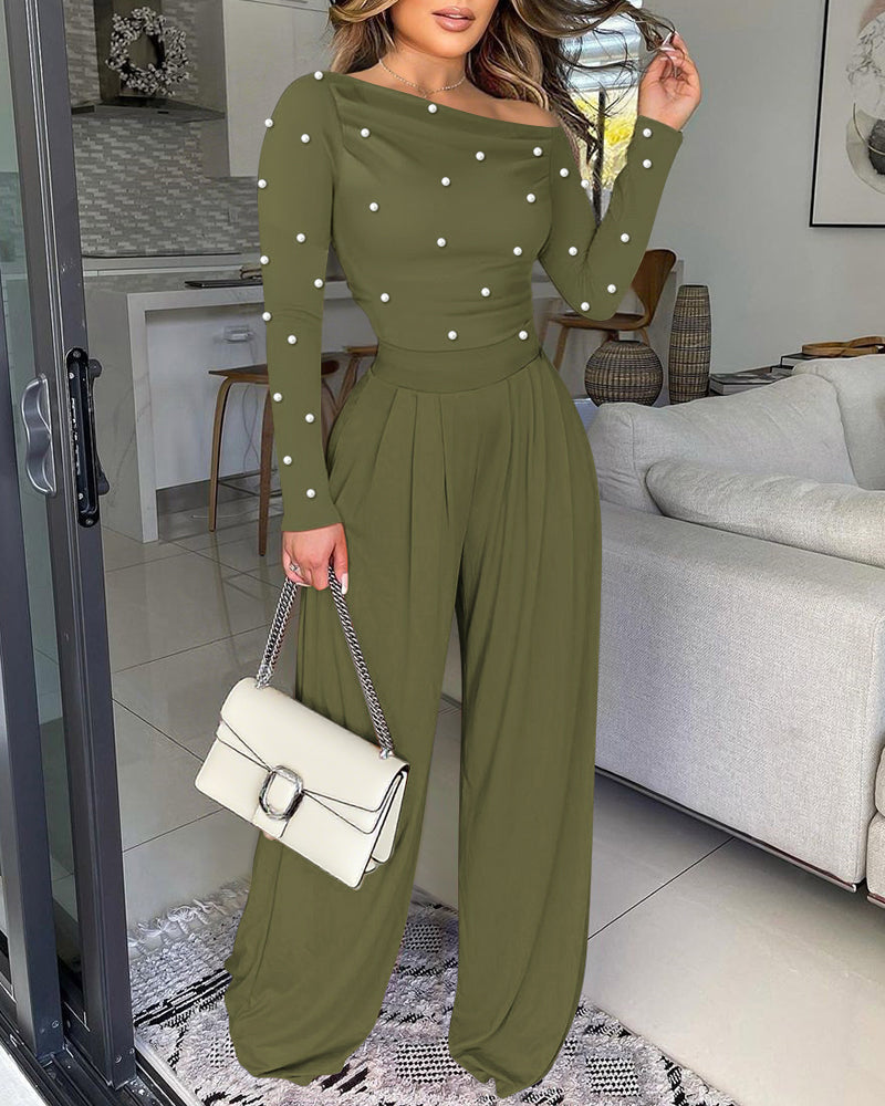Pearl-Adorned Asymmetrical Neck Ruched Jumpsuit with Cinched Waist