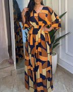 Geometric Colorblock V-Neck Batwing Waist-Cinched Jumpsuit
