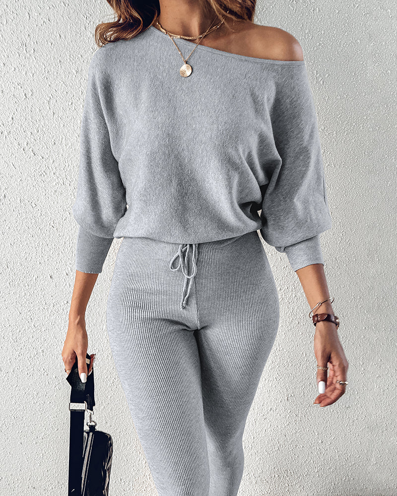 Skew Neck Pullover with High-Waist Drawstring Pants Set