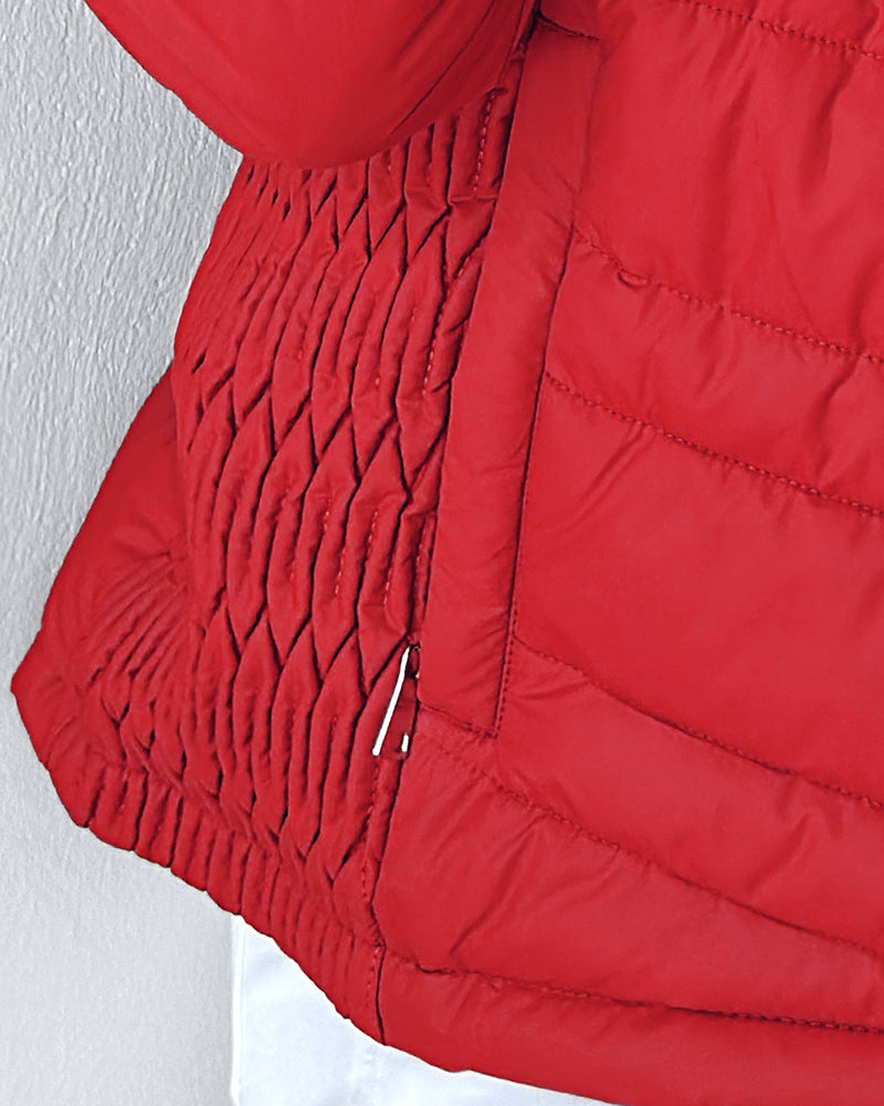 Fuzzy Trim Hooded Puffer Jacket with Shirred Zipper Pockets