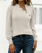 Asymmetrical Button Detail Ribbed V-Neck Long Sleeve Knit Tee