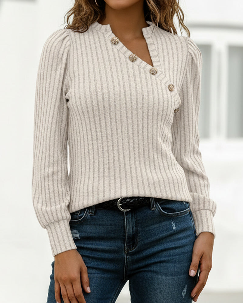 Asymmetrical Button Detail Ribbed V-Neck Long Sleeve Knit Tee