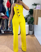 Asymmetrical Strapless Overalls with Metal Button Accents