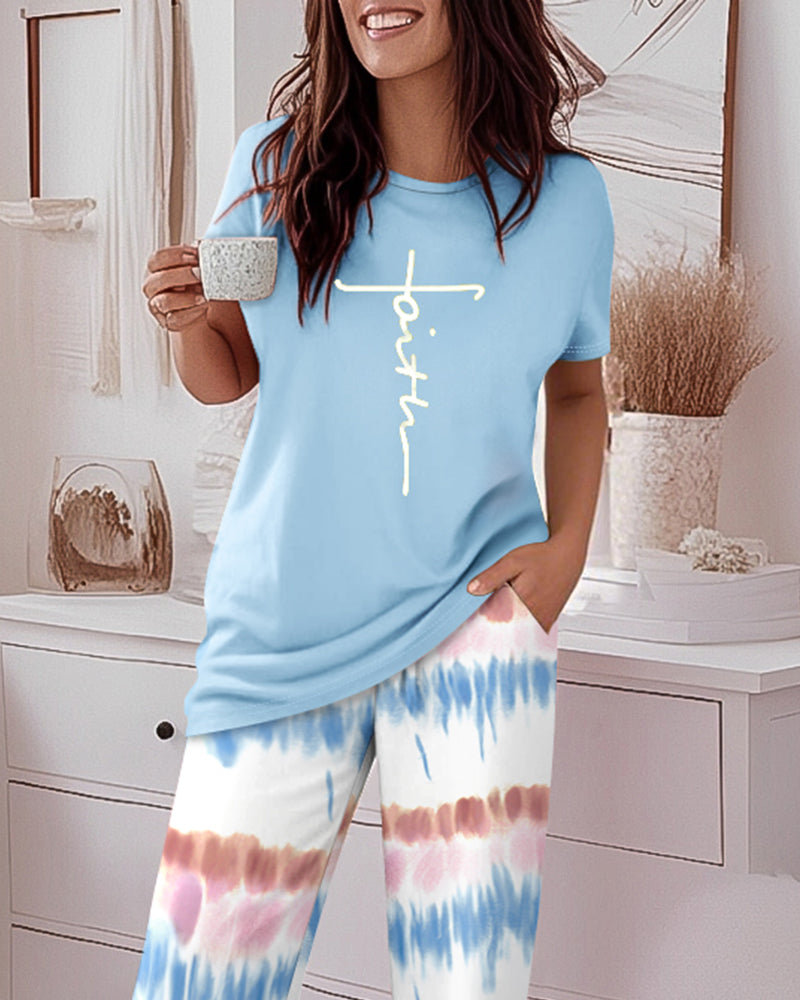 Letter Print Tee and Tie-Dye Pants Cozy Pajama Set