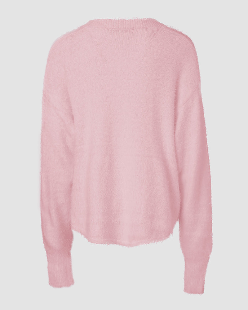 V-Neck Beaded Long Sleeve Fluffy Oversized Pullover Sweater