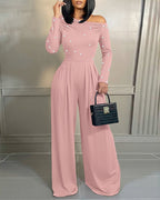 Pearl-Adorned Asymmetrical Neck Ruched Jumpsuit with Cinched Waist