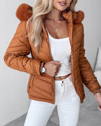 Fuzzy Trim Hooded Puffer Jacket with Shirred Zipper Pockets