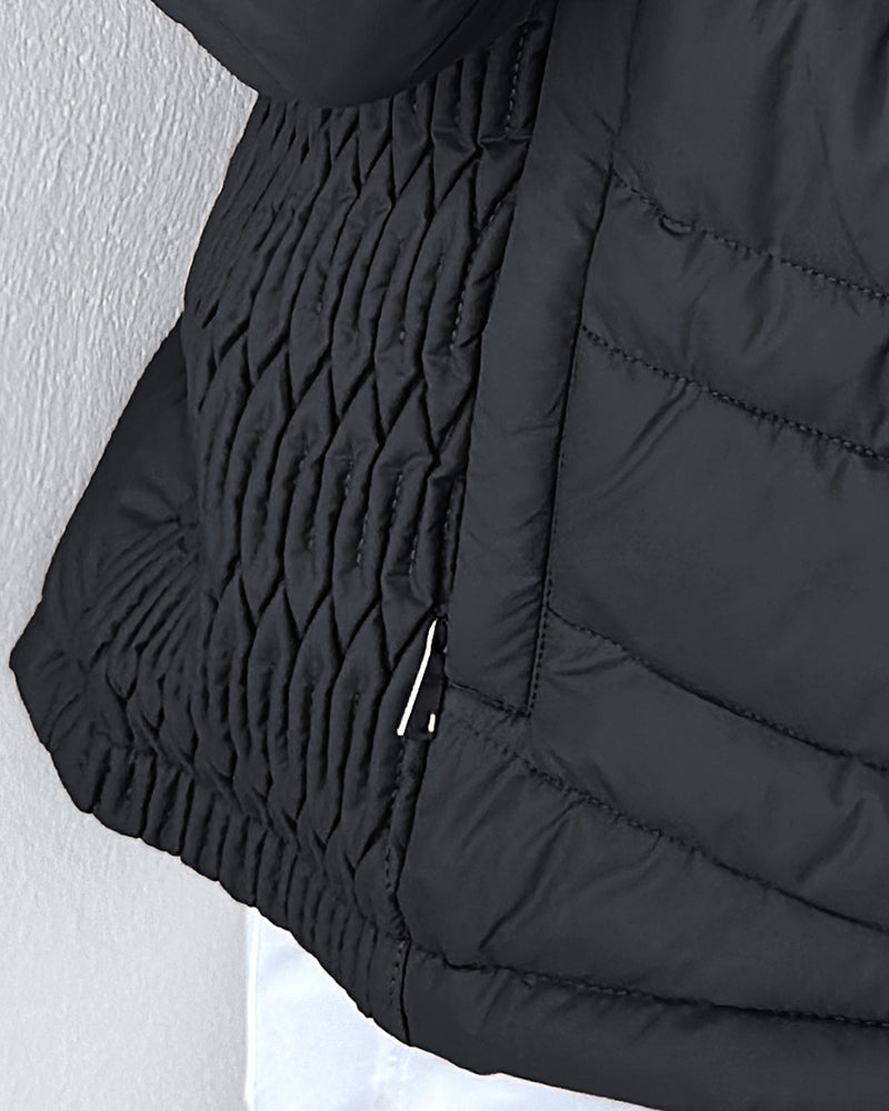 Fuzzy Trim Hooded Puffer Jacket with Shirred Zipper Pockets