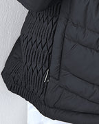 Fuzzy Trim Hooded Puffer Jacket with Shirred Zipper Pockets