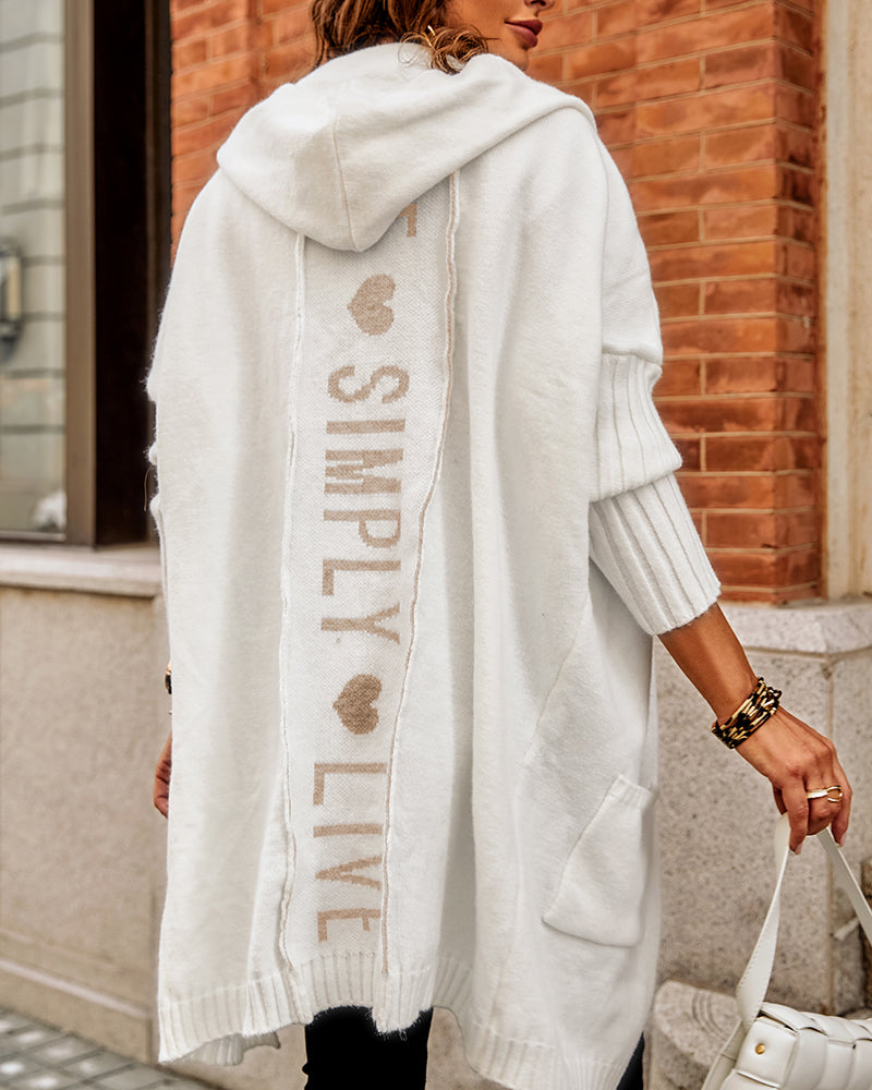 Hooded Heart Pattern Oversized Cardigan with Open Front