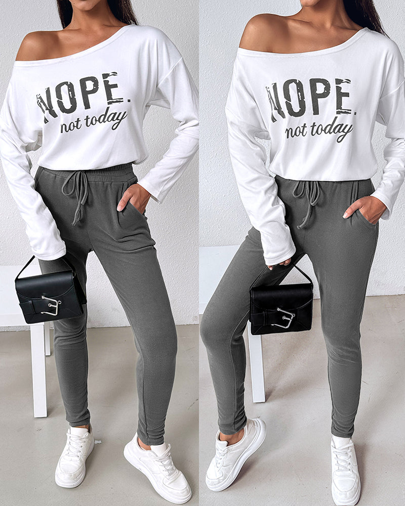 "Nope. Not Today" Asymmetric Neckline Top and Fitted Pants Set