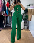 Asymmetrical Strapless Overalls with Metal Button Accents