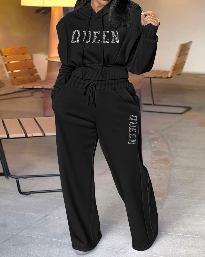 2-Piece 3D Rhinestone Letter Hoodie with Wide-Leg Sweatpants Set