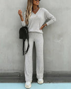 2-Piece V-Neck Button Top and Straight Leg Casual Pants Set
