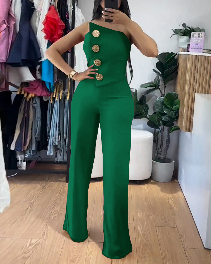 Asymmetrical Strapless Overalls with Metal Button Accents
