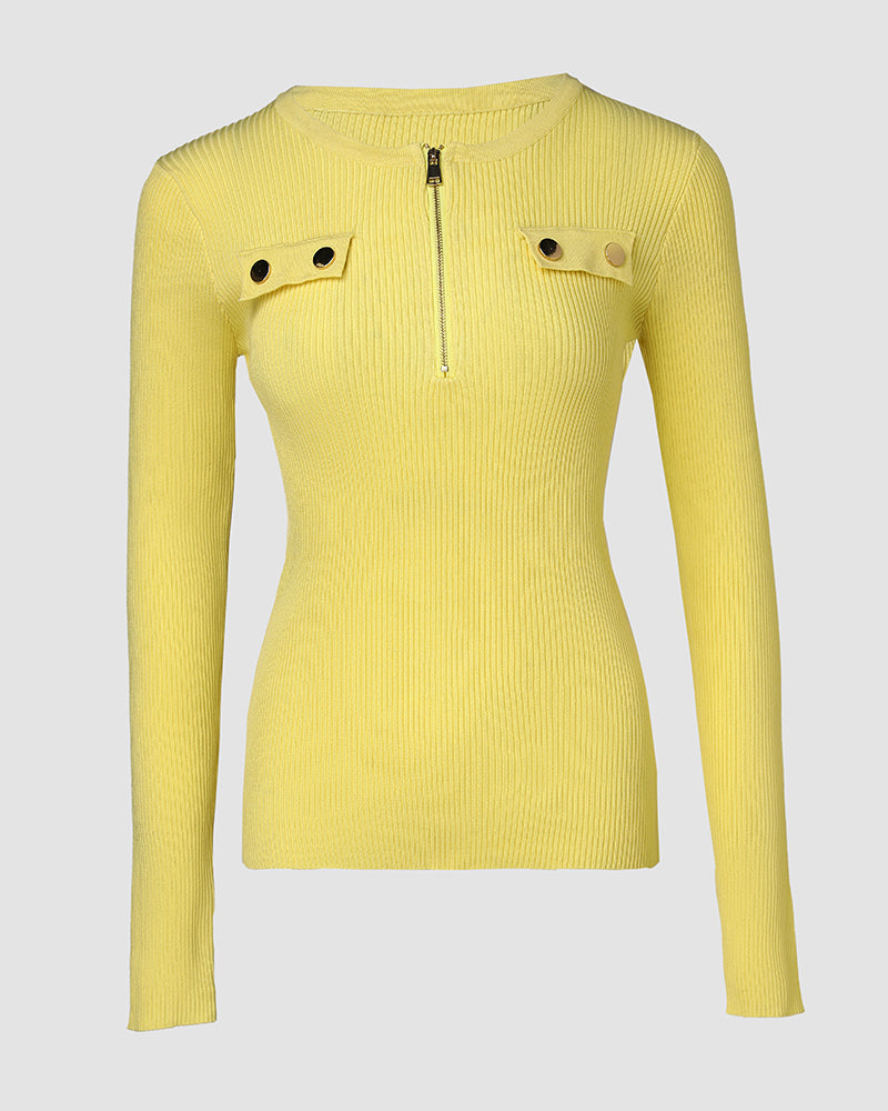 Half-Zip Ribbed Knit Crewneck Sweater with Flap Detail Pullover.
