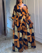Geometric Colorblock V-Neck Batwing Waist-Cinched Jumpsuit