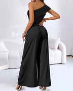 Buckled Cold Shoulder Ruched Wide-Leg Fashion Jumpsuit