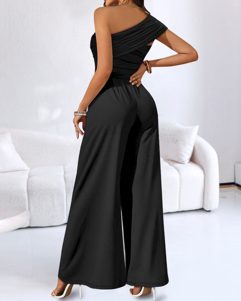 Buckled Cold Shoulder Ruched Wide-Leg Fashion Jumpsuit