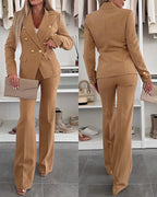 2-Piece Notched Collar Coat with Slim Fit Flared Pants Set