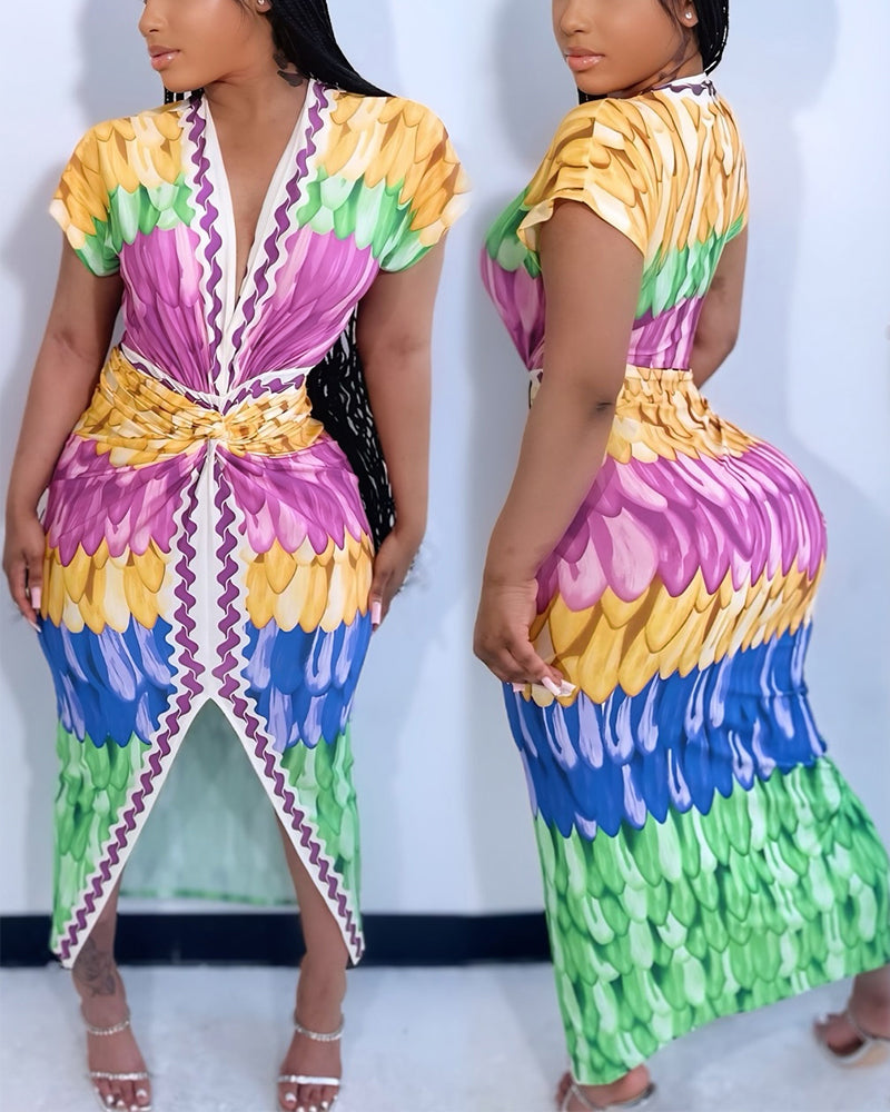 Colorful Deep V-Neck Dress with Slit and Twisted Waist Detail