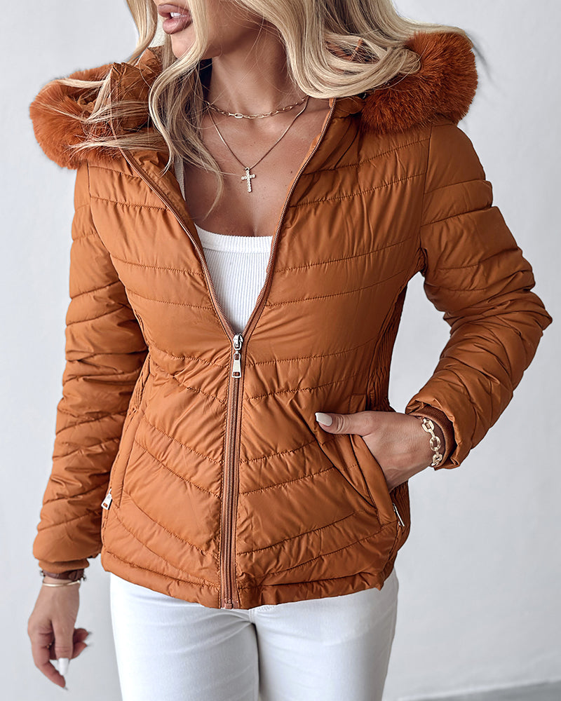 Fuzzy Trim Hooded Puffer Jacket with Shirred Zipper Pockets