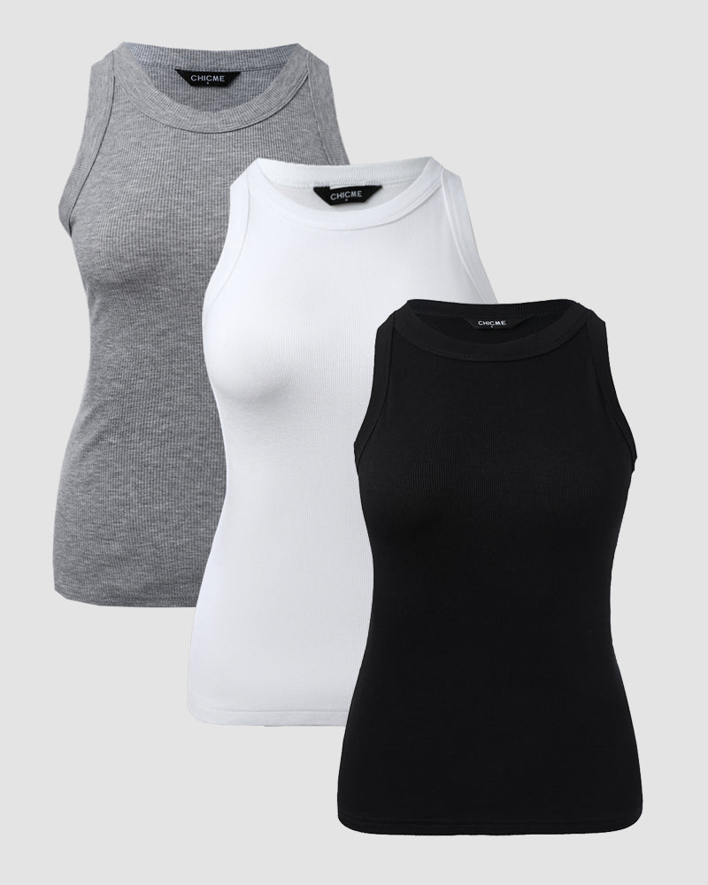 3-Pack Knit Racerback Tank Tops, Round Neck, Thick Straps