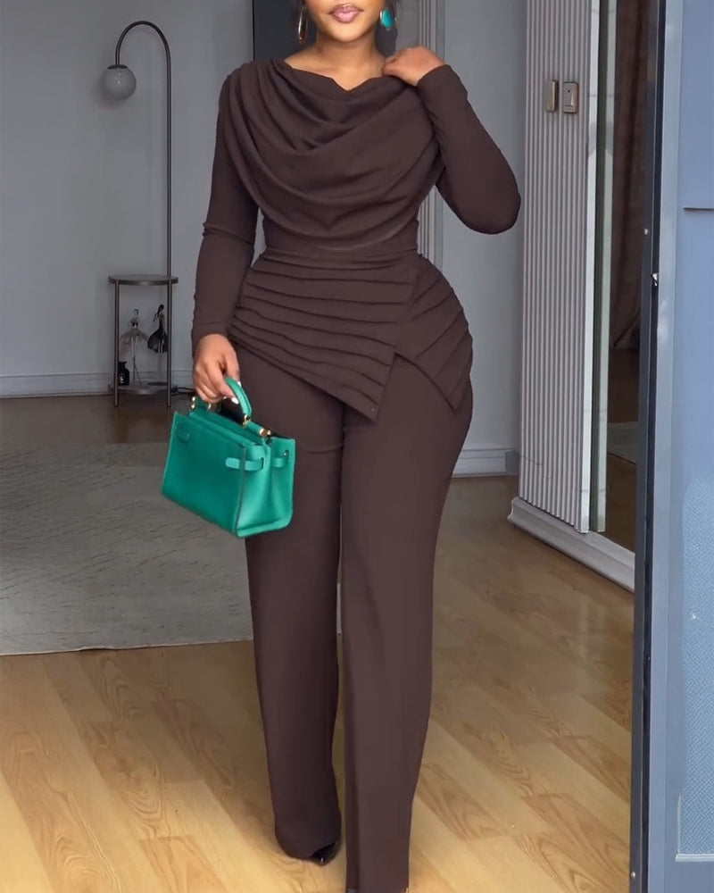 Cowl Neck Asymmetrical Cinched Waist Wide Leg Zippered Jumpsuit