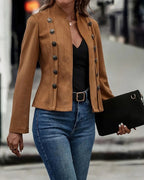 Faux Suede Jacket with Stand Collar and Button-Up Front