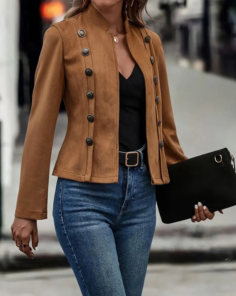 Faux Suede Jacket with Stand Collar and Button-Up Front