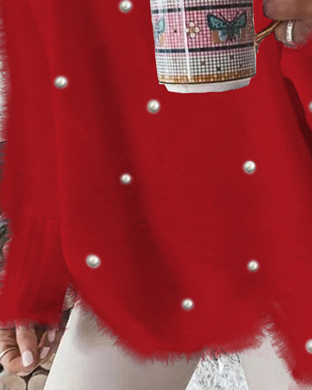 V-Neck Beaded Long Sleeve Fluffy Oversized Pullover Sweater