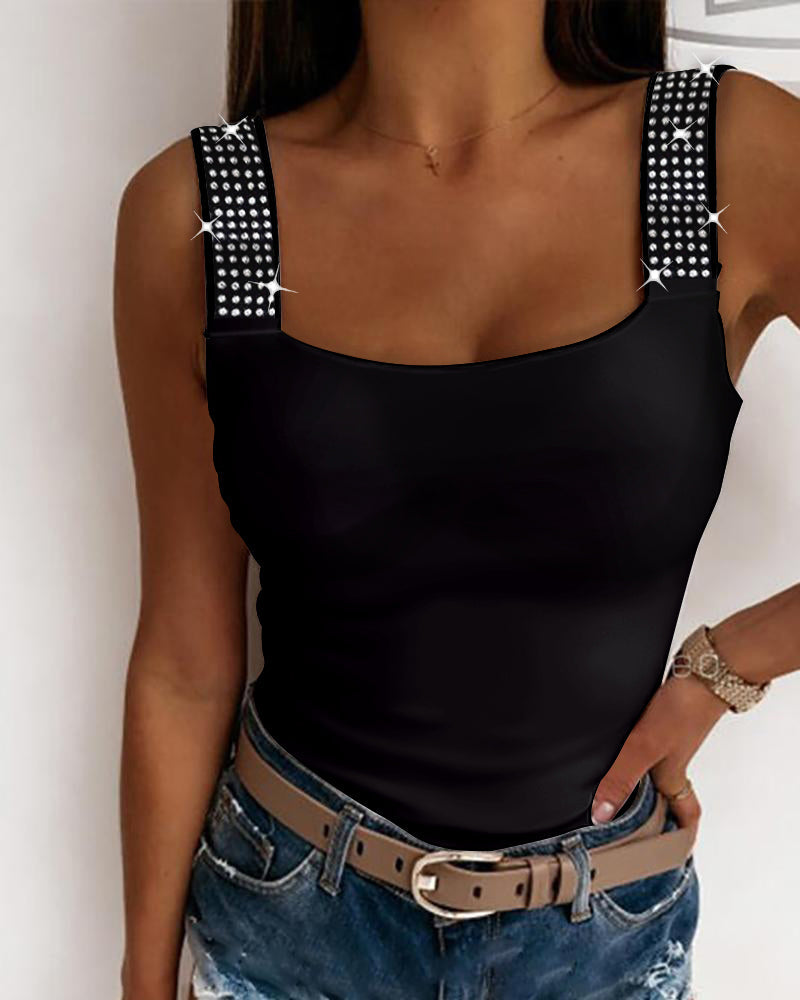 Thick Strap Tank Top with Rhinestone Embellishments