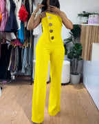 Asymmetrical Strapless Overalls with Metal Button Accents