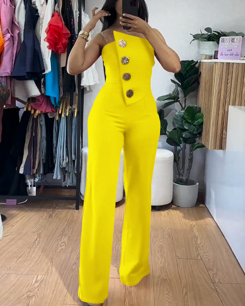 Asymmetrical Strapless Overalls with Metal Button Accents