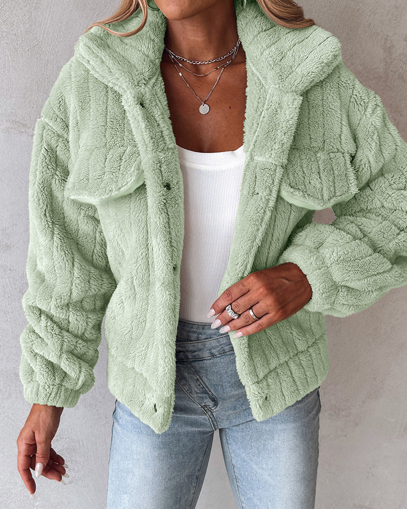 Striped Teddy Fleece Jacket with Buttons and Flap Pockets