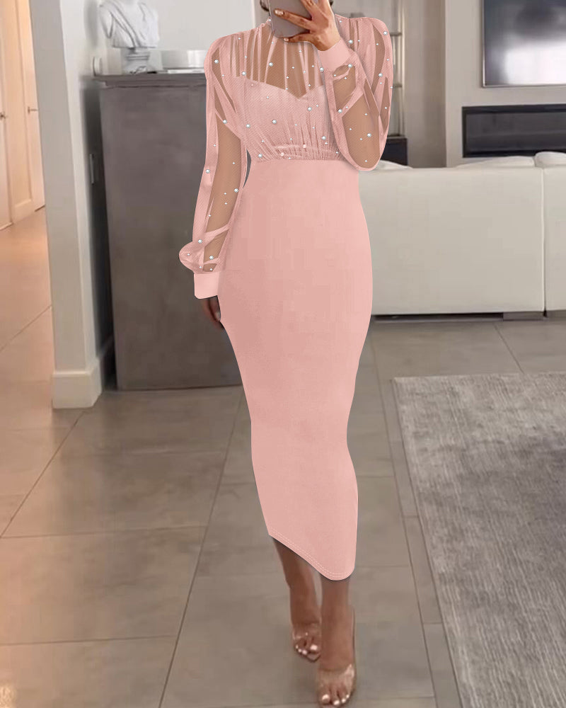 Mock Neck Beaded Mesh Bodycon Dress with Rear Zipper