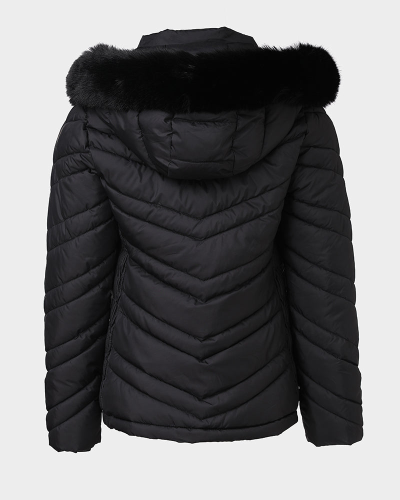 Fuzzy Trim Hooded Puffer Jacket with Shirred Zipper Pockets